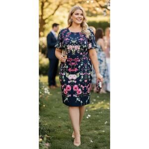 NWT ADRIANNA PAPELL DRESS 18W NAVY BLUE PINK PRINTED FLORAL CREPE SHORT COCKTAIL